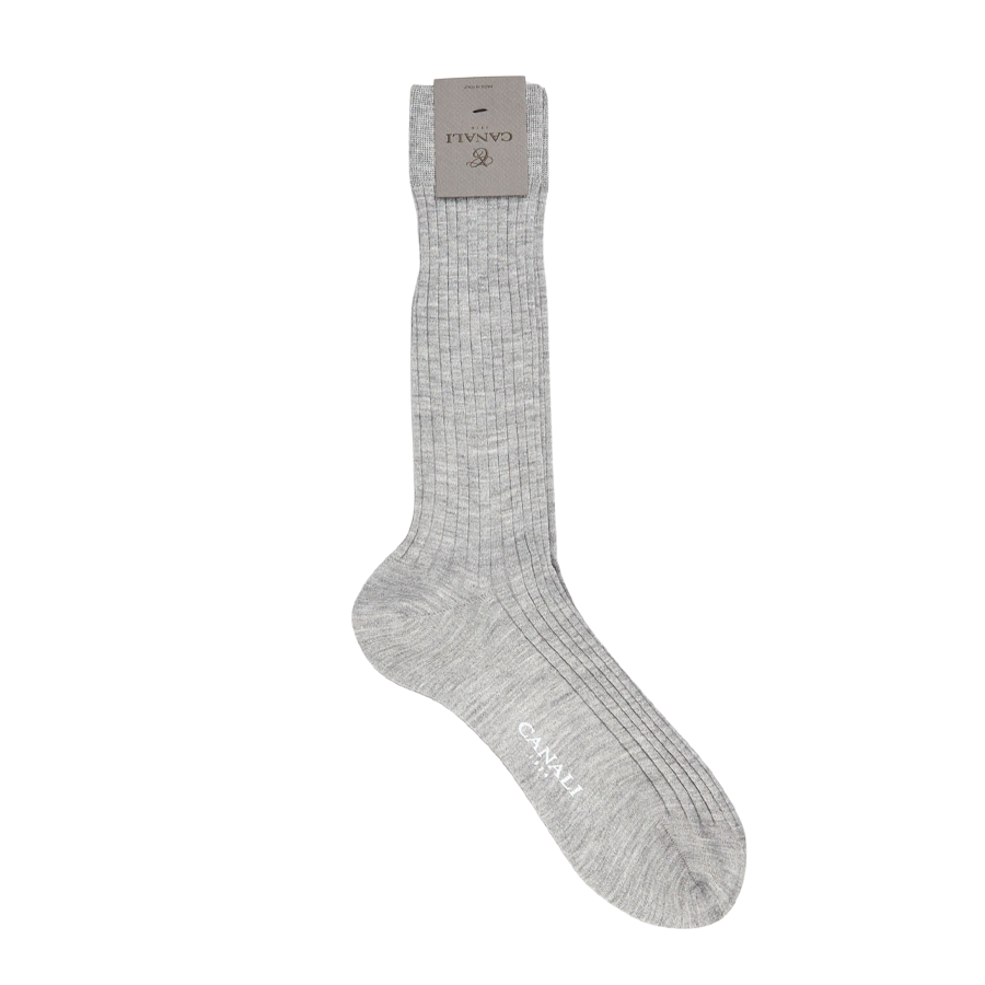 A pair of light grey Canali cashmere silk ribbed socks on a white background.