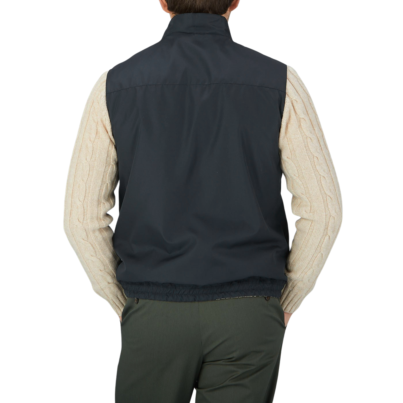 The back view of a man wearing a Canali Navy Blue Beige Reversible Technical Gilet.