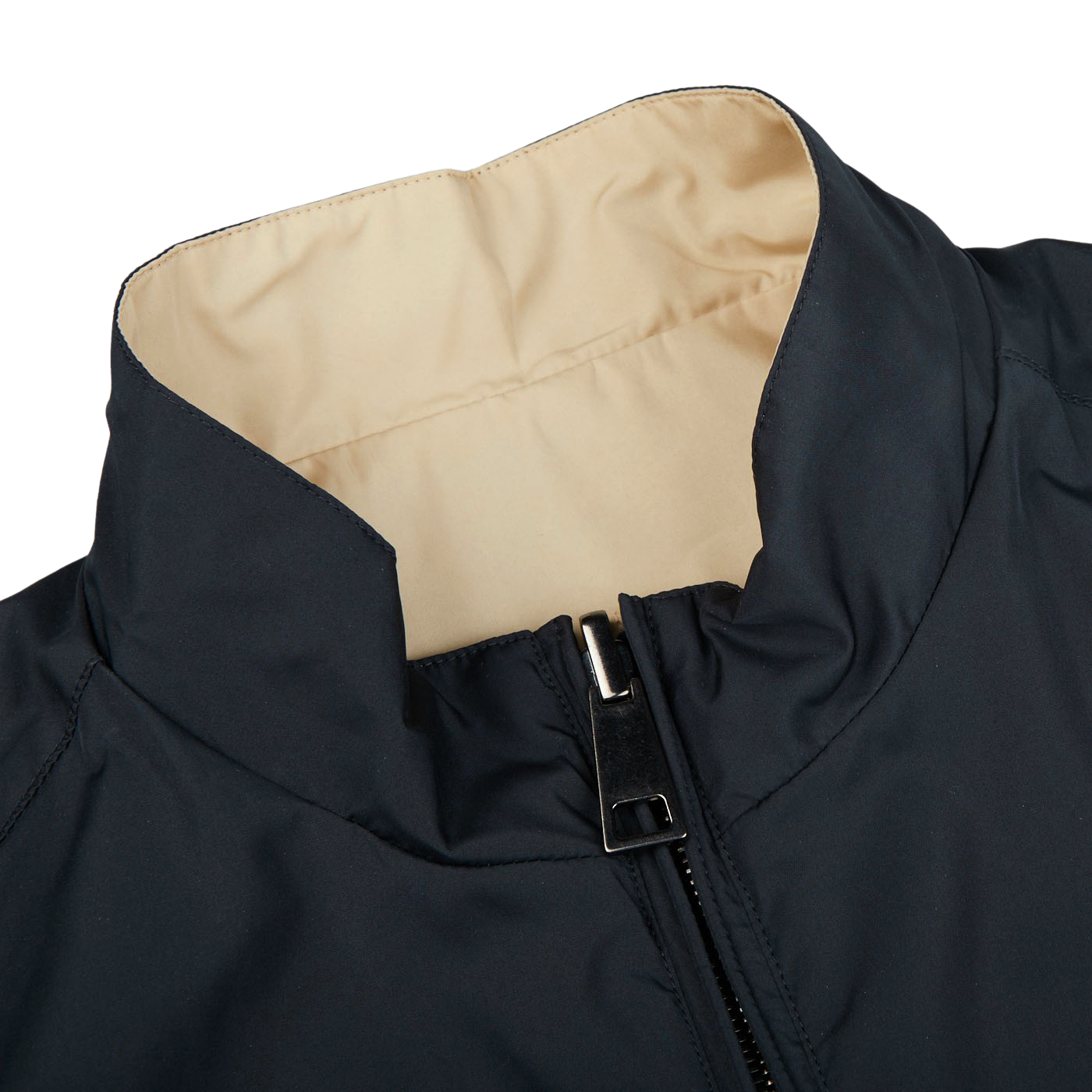 A Canali Navy Blue Beige Reversible Technical Gilet with a zipper.