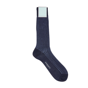 A pair of Navy Ribbed Cotton Vanisee socks made with Egyptian cotton on a white background by Canali.