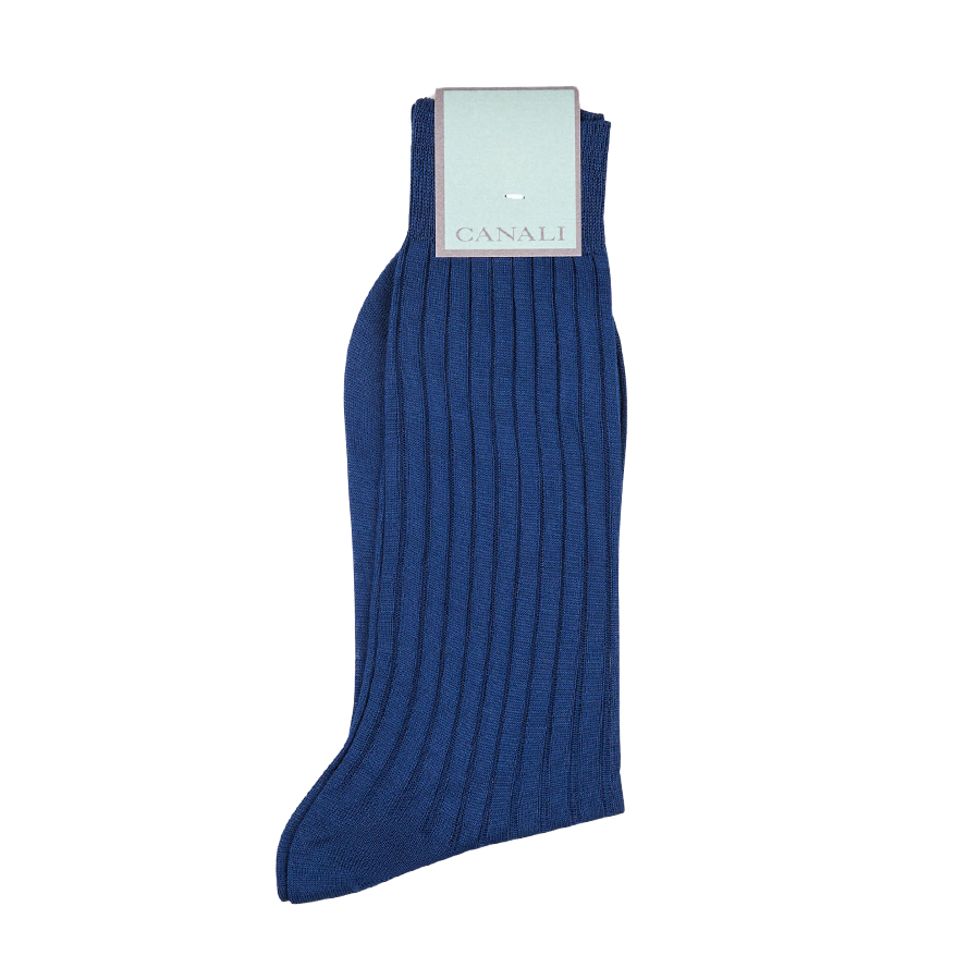 A pair of Canali Royal Blue Ribbed Cotton Socks made with Egyptian cotton on a white background.