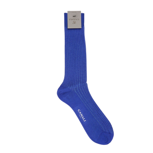 A pair of Canali Royal Sky Ribbed Cotton Vanisee socks on a white background made of royal blue melange.