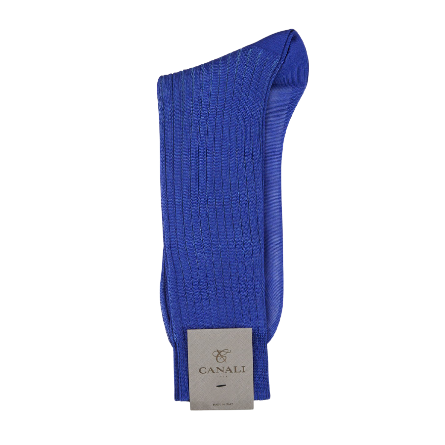 A Canali Royal Sky Ribbed Cotton Vanisee sock with a label on it.