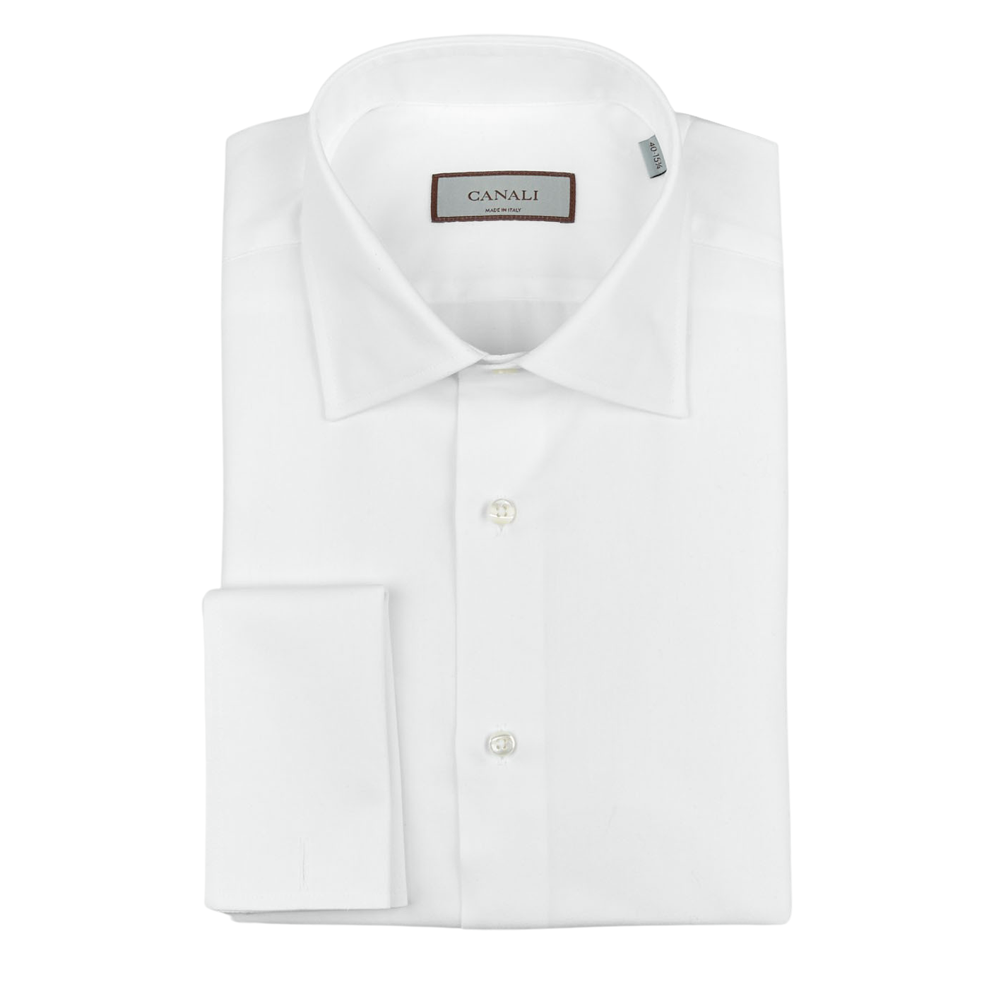 A Canali White Cotton Double Cuff Plain Dress Shirt with a collar and cuffs.