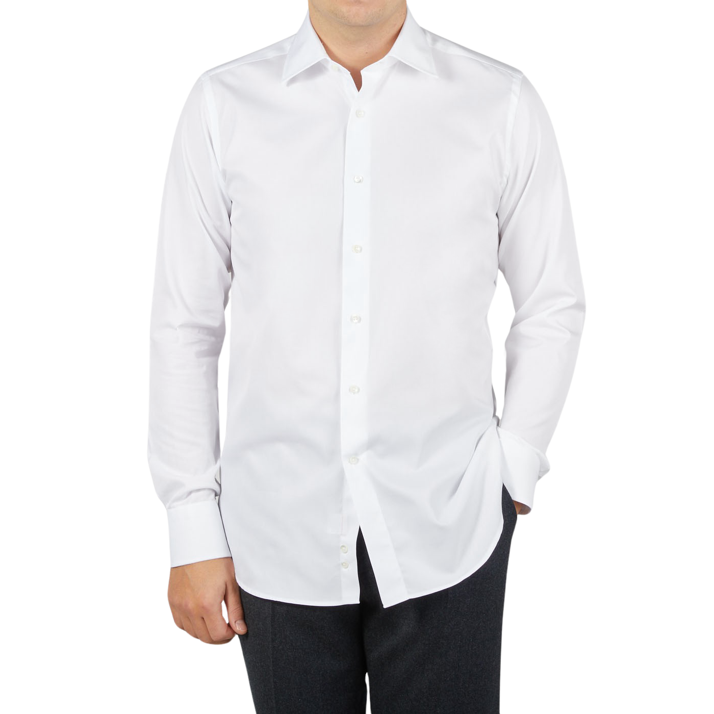 A man wearing a Canali white cotton single cuff shirt made from ultra-soft cotton.