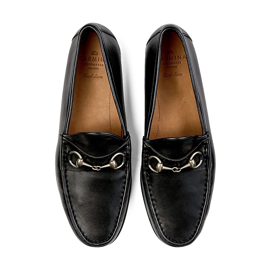 A pair of black Carmina Funchal Leather Xim Horsebit loafers with metal horsebit detailing.