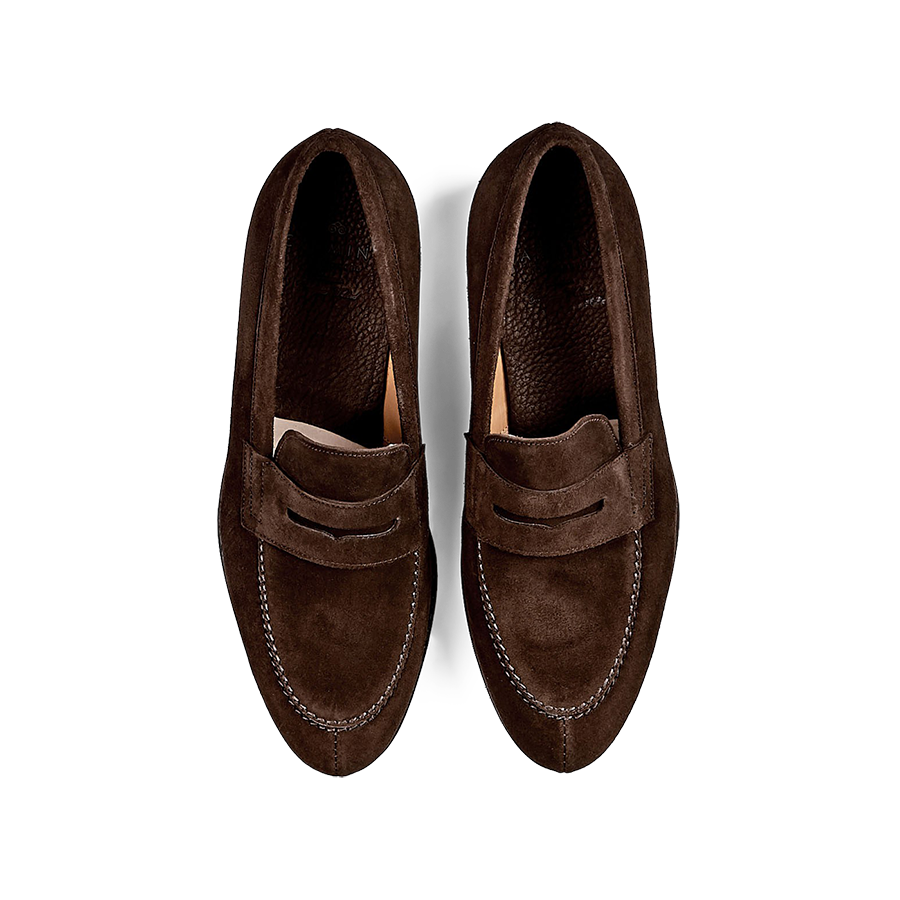 A pair of Carmina Brown Suede Forest Rubber Penny Loafers on a white background, crafted by expert craftsmen.
