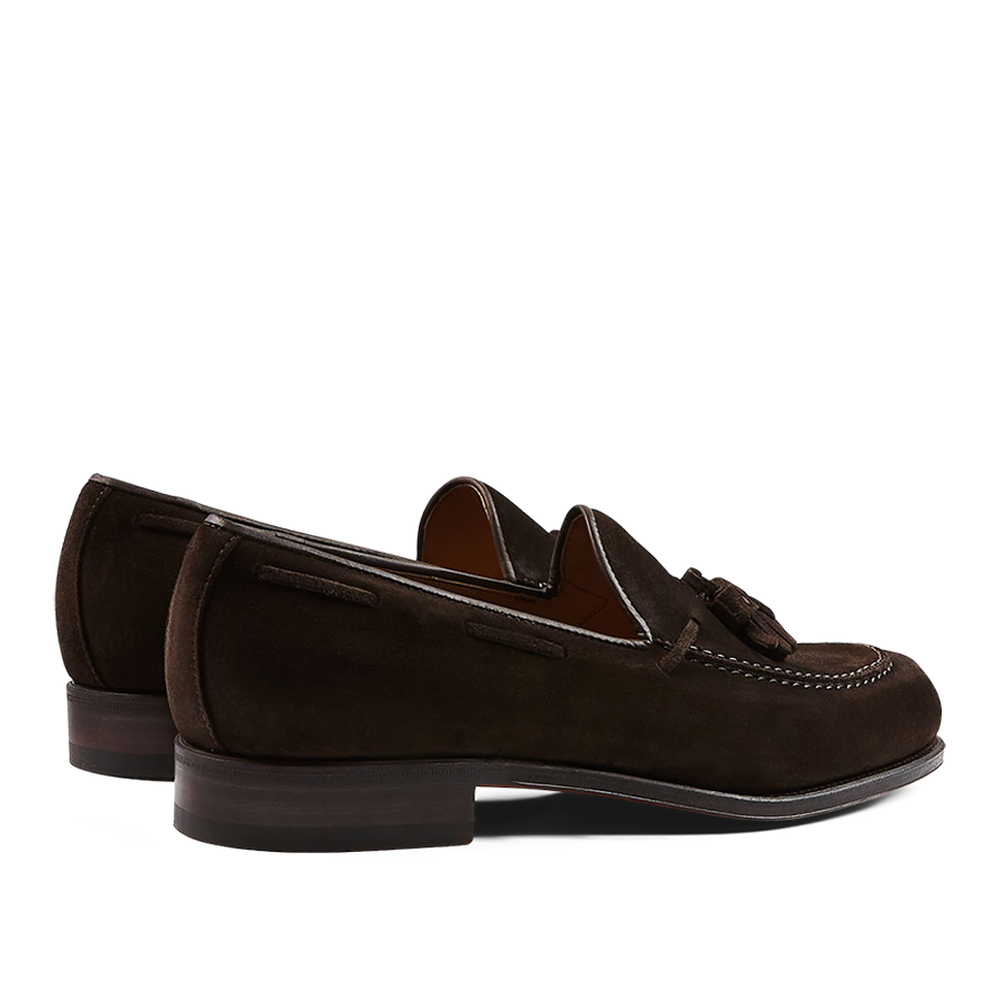 Brown Suede Carmina Forest Tassel Loafers.