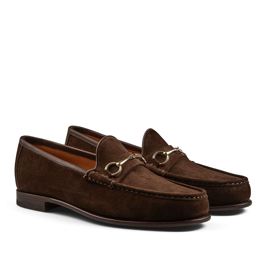 Pair of chocolate suede leather Xim horsebit loafers from Carmina.