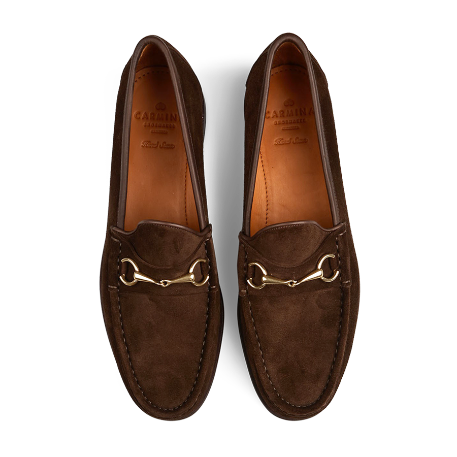 A pair of Carmina chocolate suede leather Xim horsebit loafers.