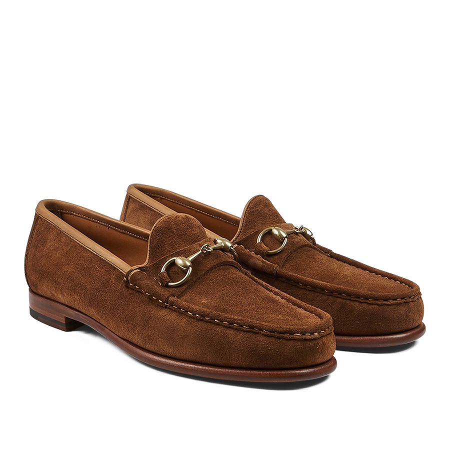 A pair of Tobacco Suede Leather Xim Horsebit loafers from Carmina.