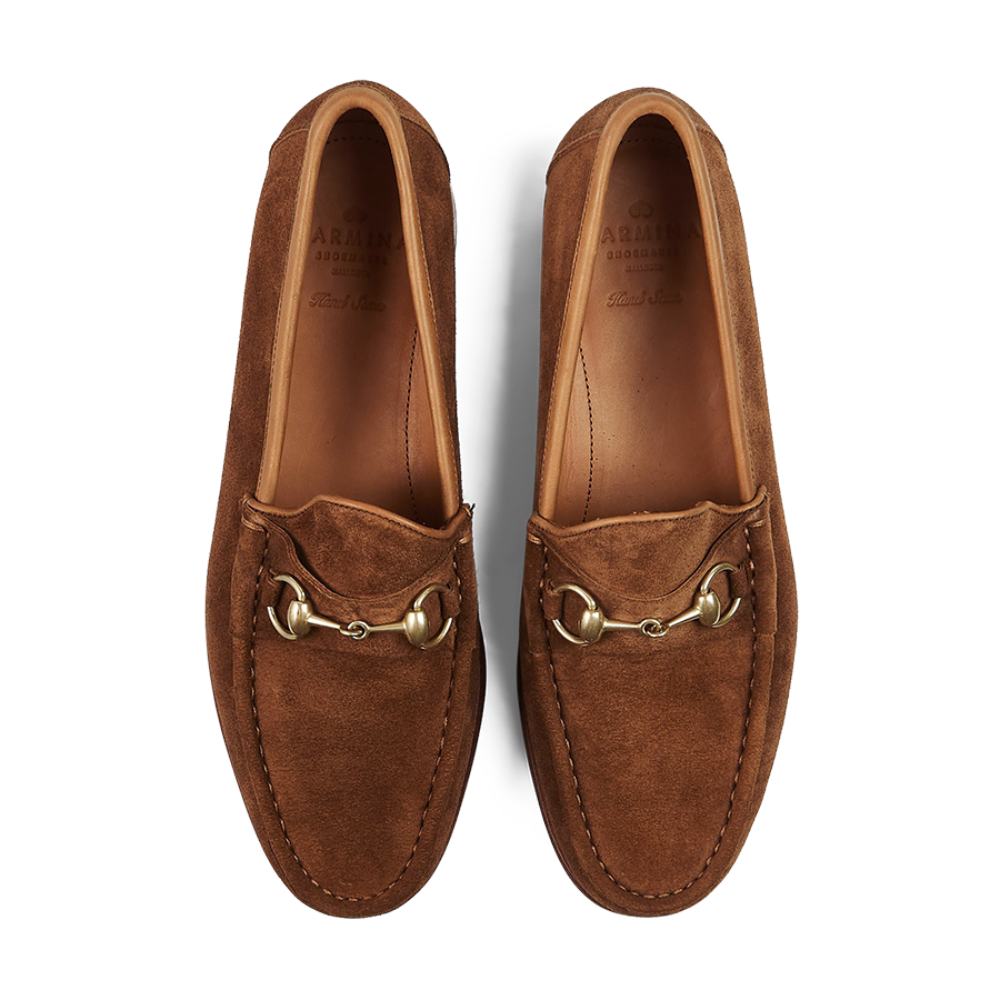A pair of Tobacco Suede Leather Xim Horsebit Loafers by Carmina with horsebit detailing.