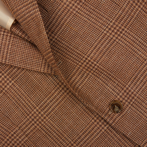 Close-up of a De Petrillo Brown Checked Wool Silk Linen Posillipo Blazer with a button.