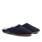 A pair of Derek Rose Navy Blue Suede Sheepskin Open Slippers with white lining.
