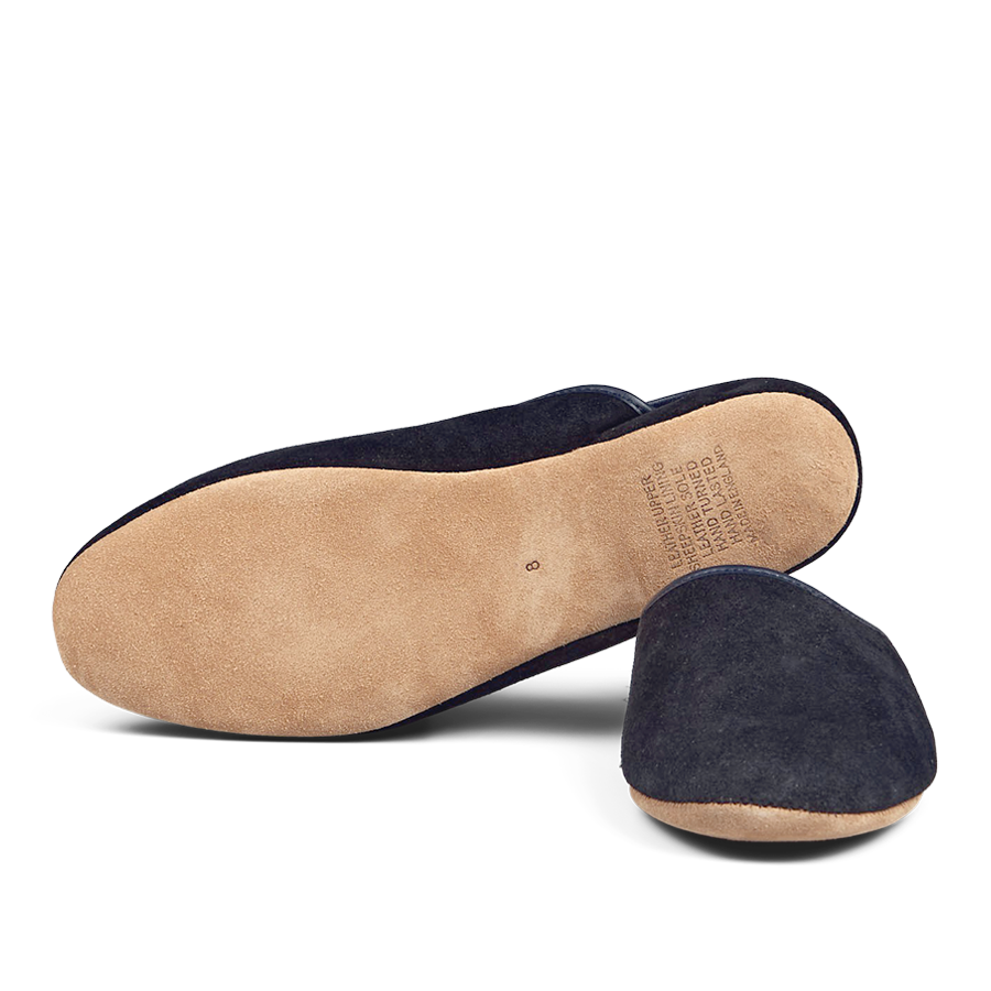 A pair of Navy Blue Suede Sheepskin Open Slippers by Derek Rose on a transparent background.