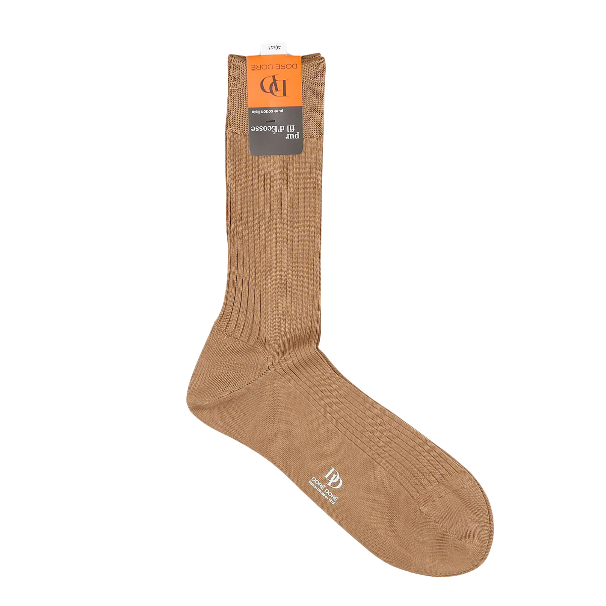 A single Doré Doré Faon Beige Cotton Fil d'Ècosse Ribbed Sock with a hand-linked toe, displayed flat with an orange and white product tag.