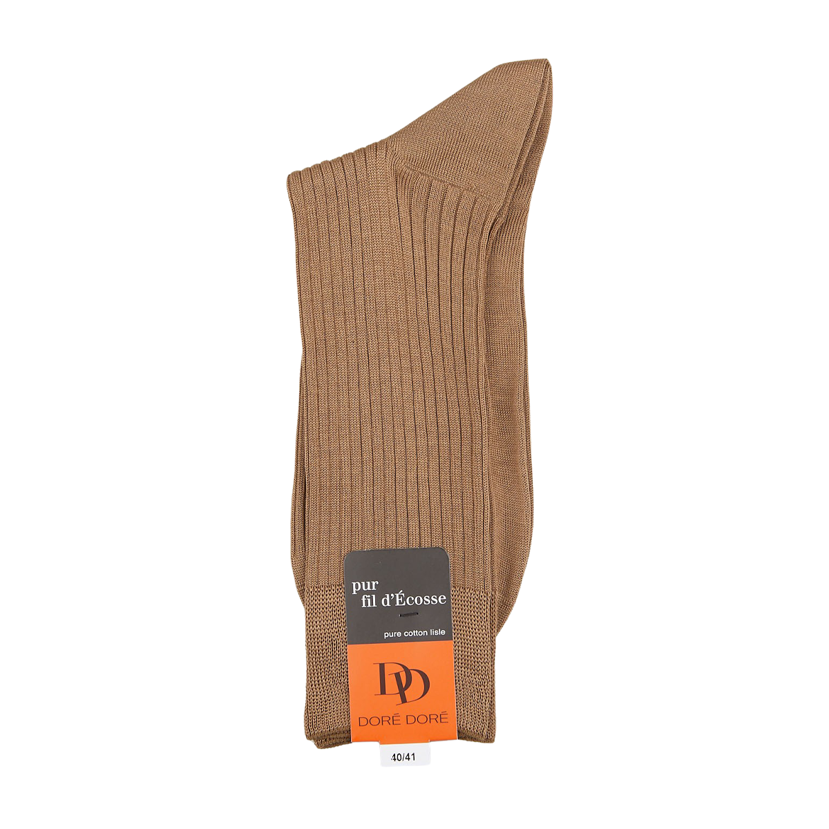 A single brown Doré Doré Faon Beige Cotton Fil d'Ècosse Ribbed Sock, crafted from mercerised cotton, displayed on a white background with an attached orange and black brand tag.