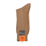 A single brown Doré Doré Faon Beige Cotton Fil d'Ècosse Ribbed Sock, crafted from mercerised cotton, displayed on a white background with an attached orange and black brand tag.