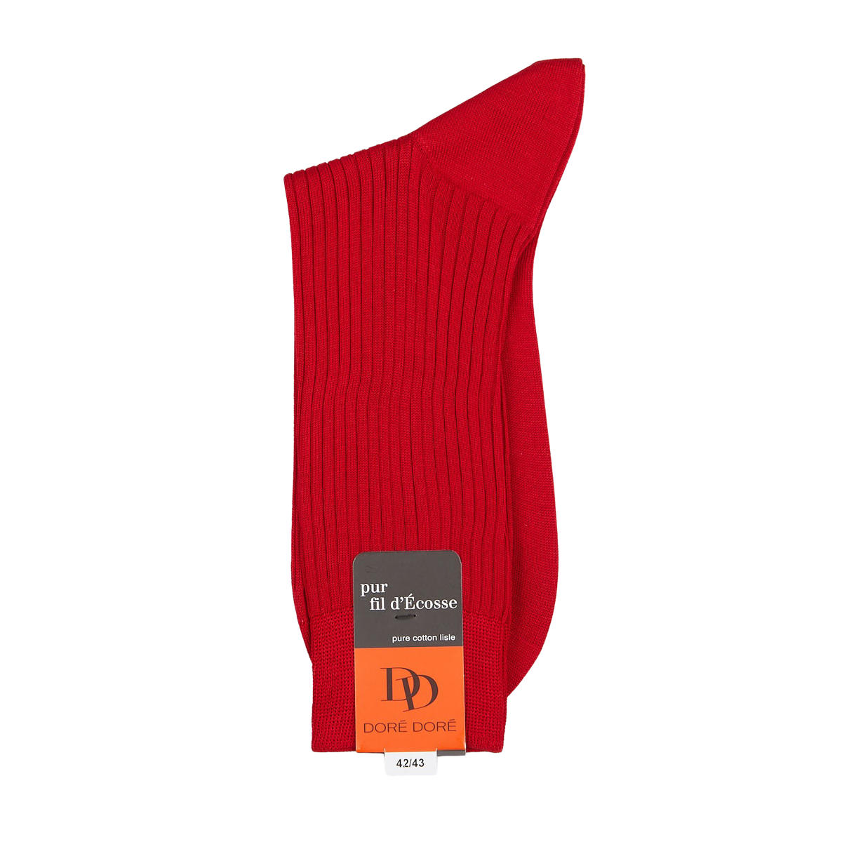 A single Groseille Red Cotton Fil d'Ècosse Ribbed Socks with a black label reading "mercerised cotton lisle, pure cotton lisle" by Doré Doré displayed on a white background.