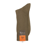 A single brown ribbed Terre Green Cotton Fil d'Ècosse sock from Doré Doré displayed upright with an orange label attached displaying text and size information.