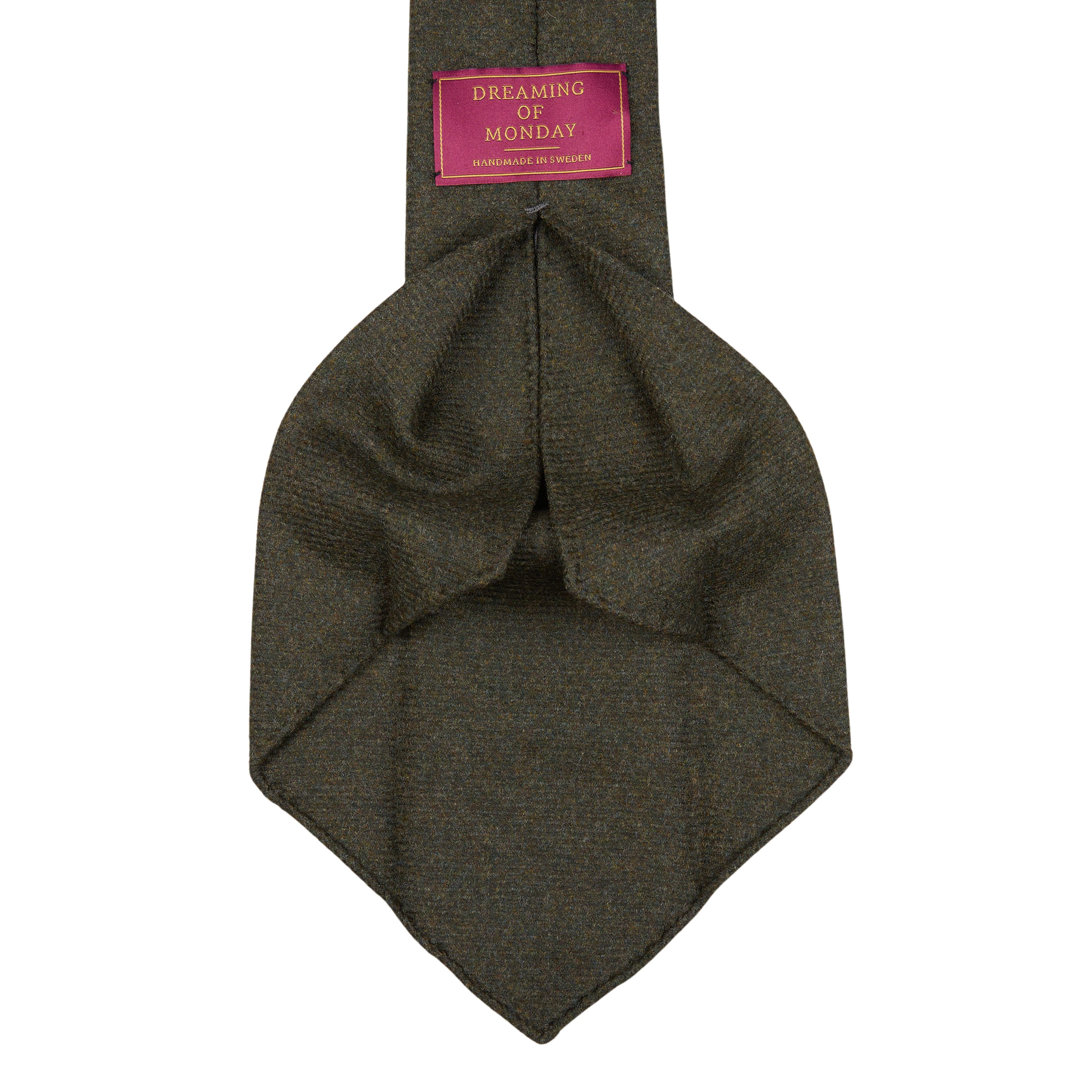 A green tweed necktie with a pink label, handmade with Moss Green Loro Piana Wool Cashmere fabric.