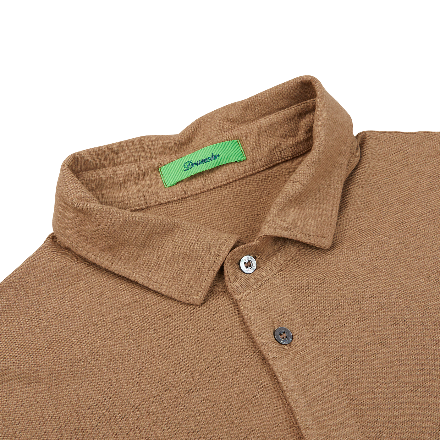 A coffee brown cotton linen polo shirt with green buttons made in Italy by Drumohr.