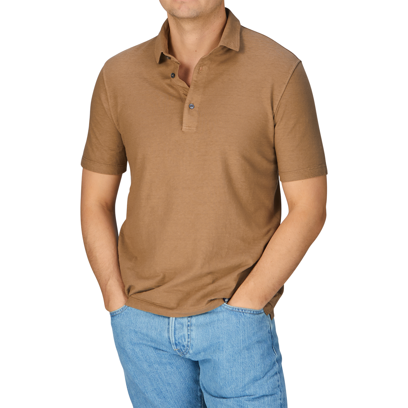 A man wearing a Coffee Brown Cotton Linen Polo Shirt from Drumohr.