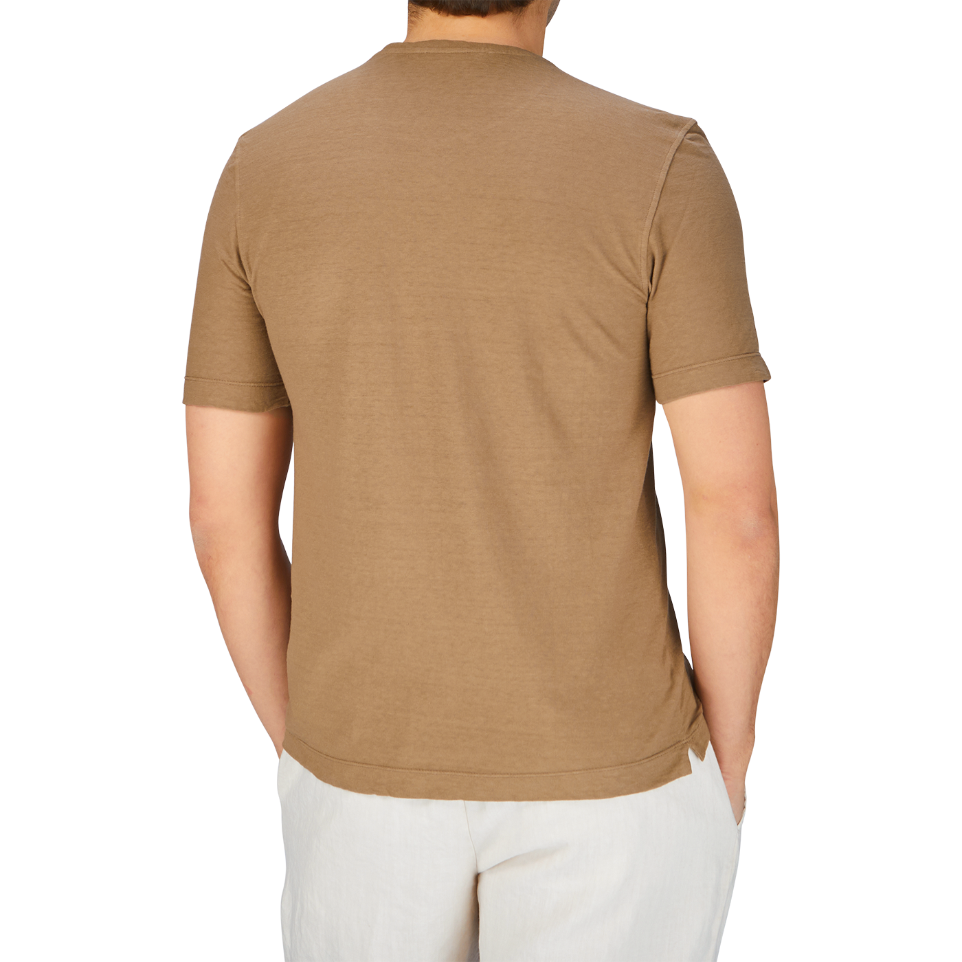 A man in a Coffee Brown Cotton Linen T-shirt by Drumohr, Italy.