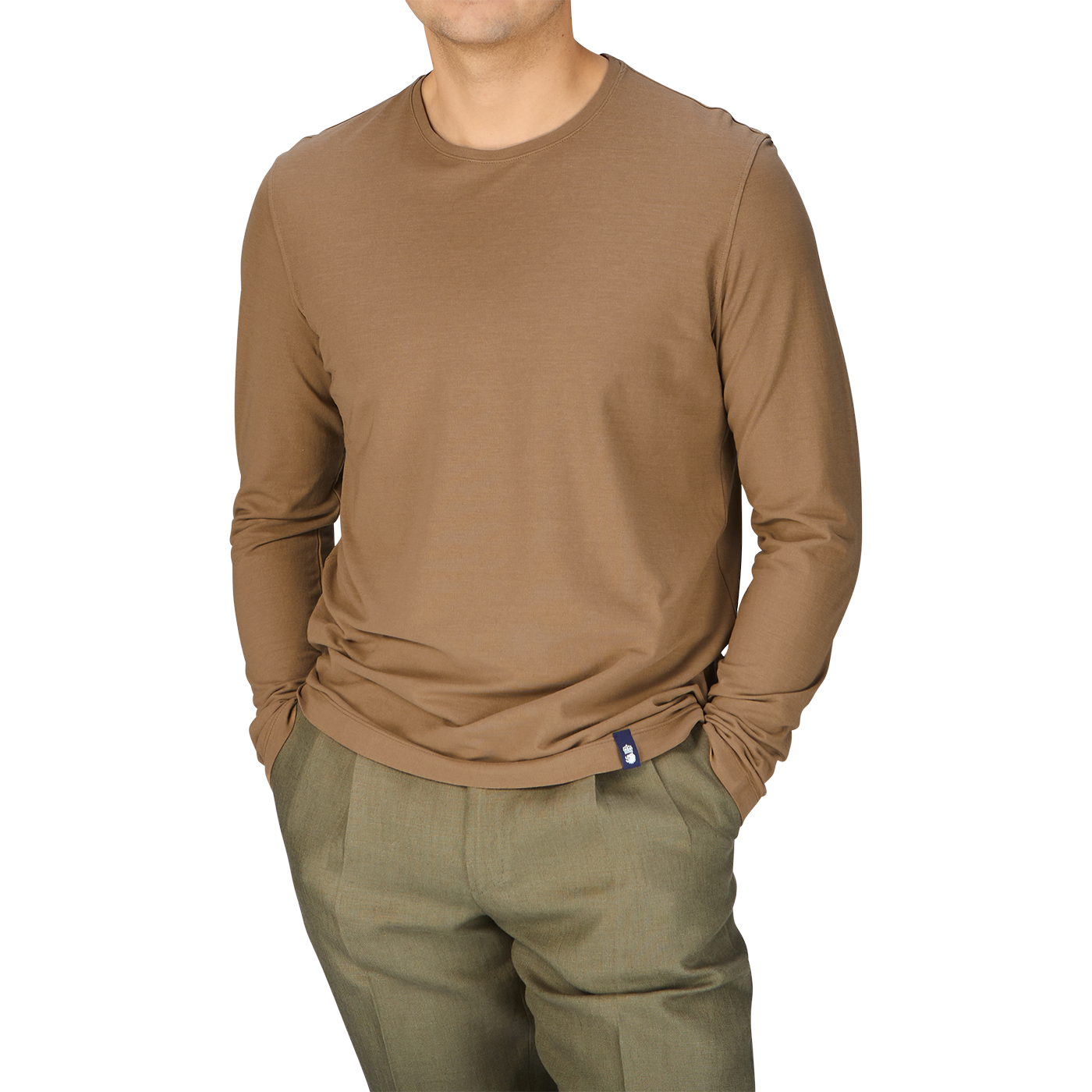 A man in a Drumohr Coffee Brown Ice Cotton LS T-Shirt and coffee brown pants.