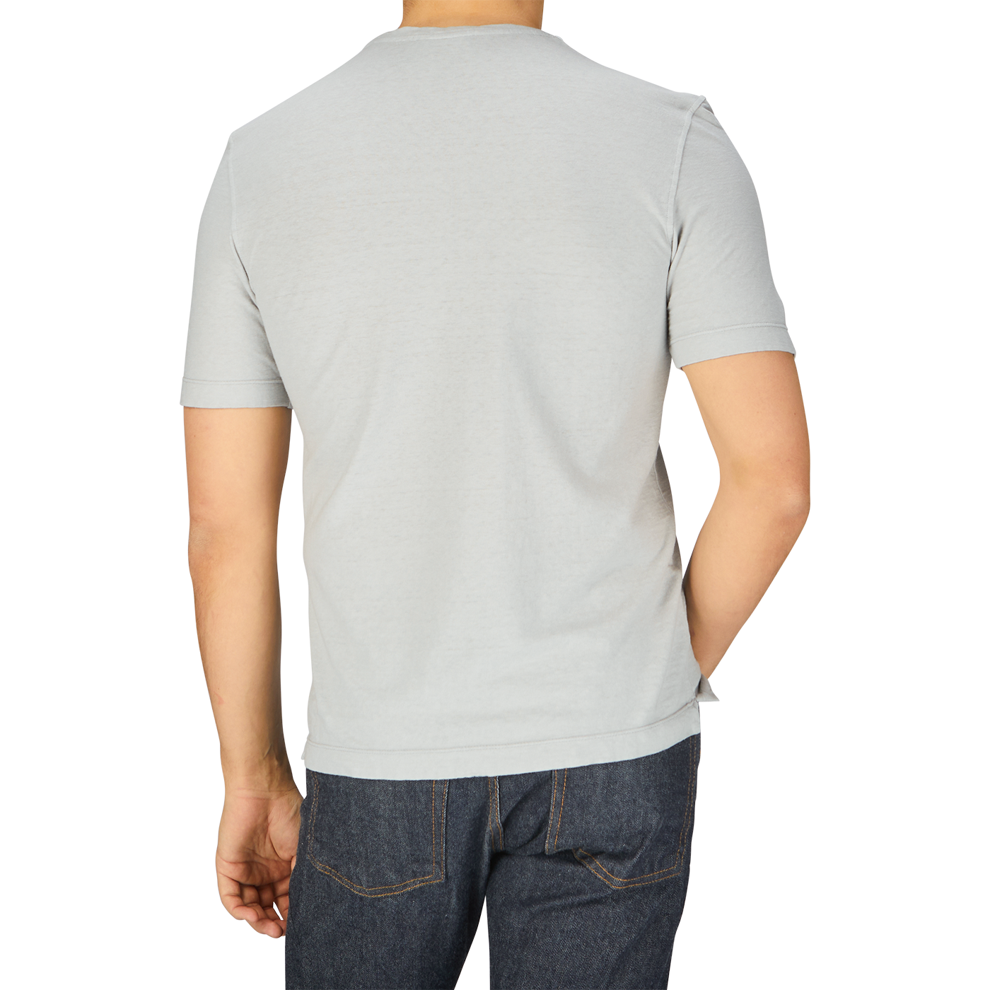 A man wearing a Drumohr Light Grey Cotton Linen T-Shirt in Italy.