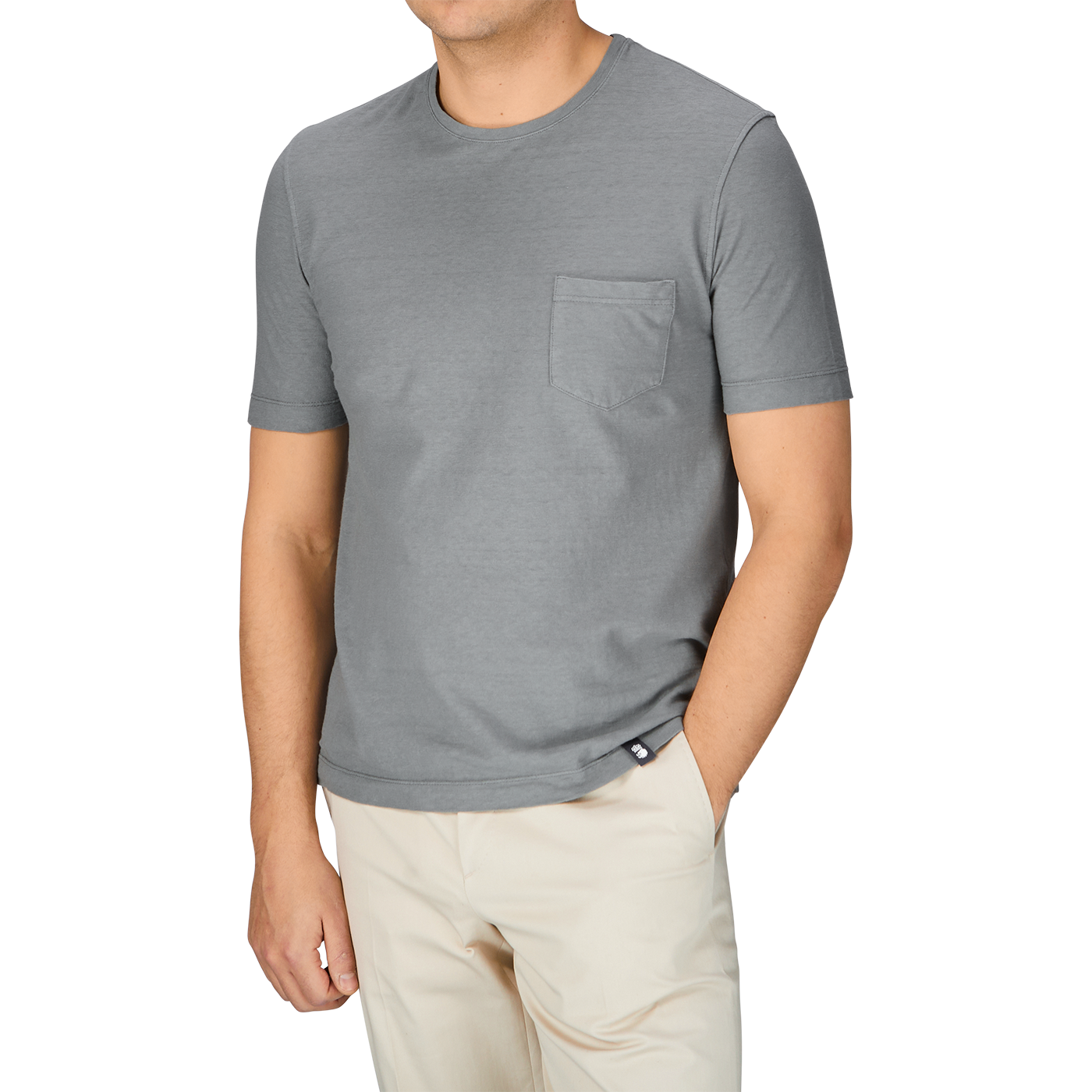 A man wearing a Drumohr Steel Grey Cotton Linen T-Shirt and khaki pants.