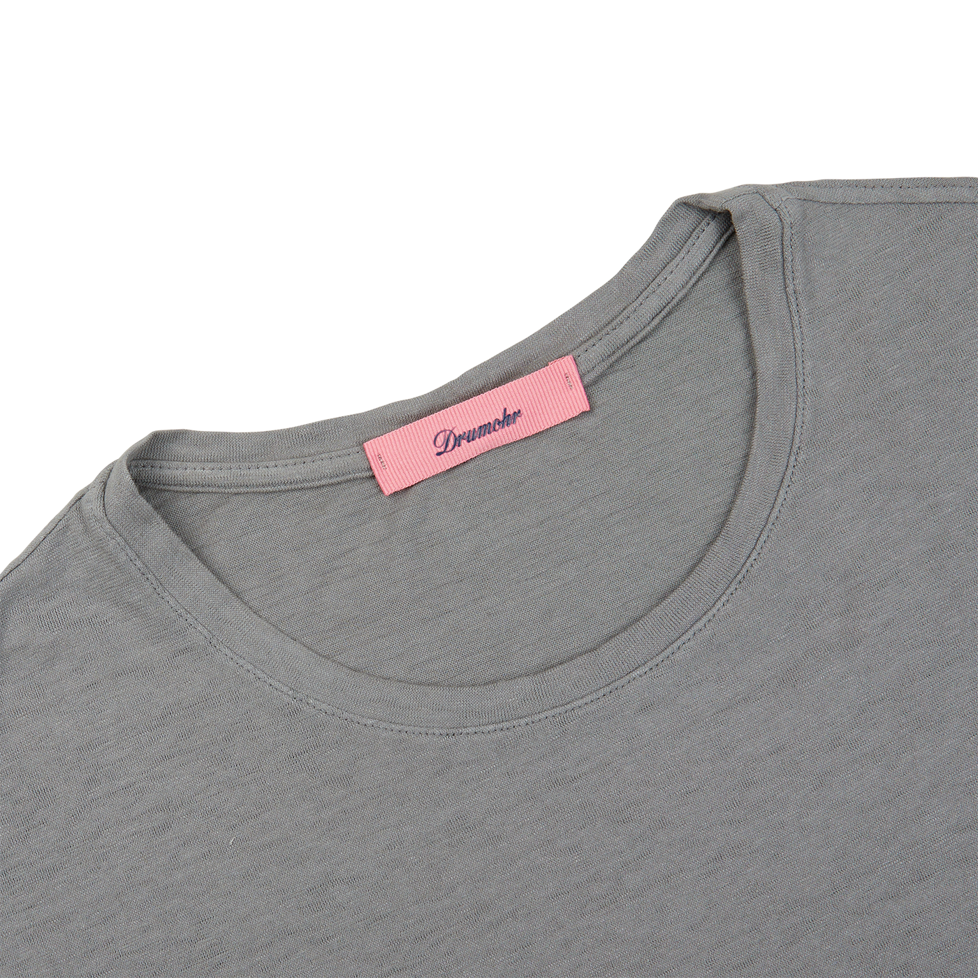 A Steel Grey Cotton Linen T-shirt with a pink label from Drumohr.