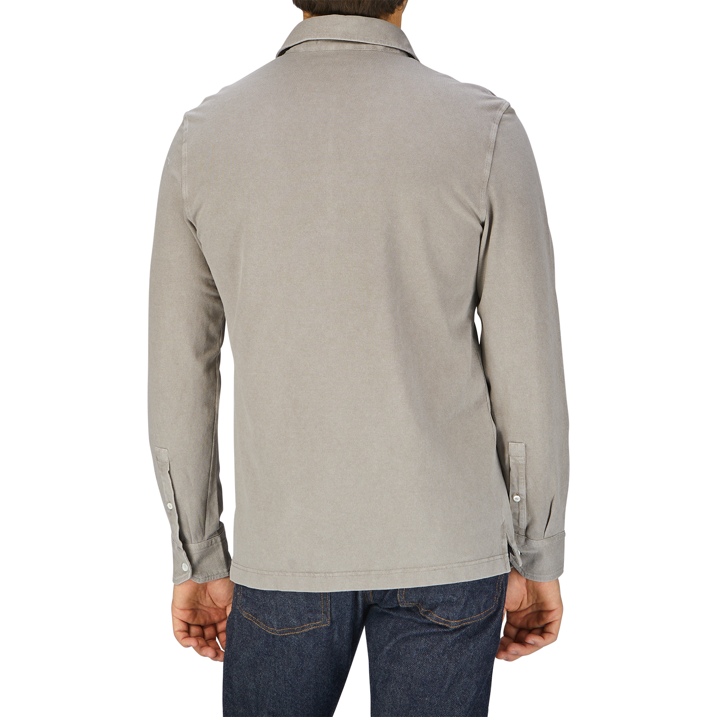 The man is wearing a grey Drumohr Taupe Beige Cotton Piquet LS polo shirt and jeans.