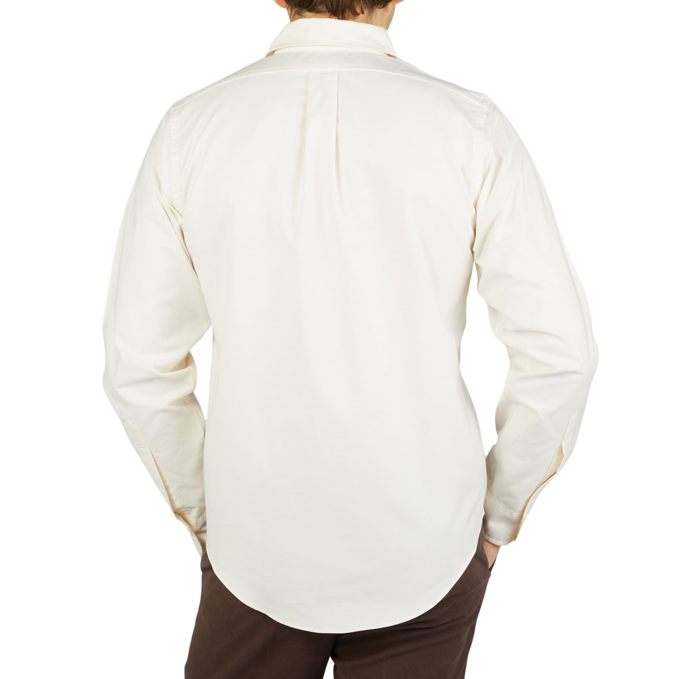 The back view of a man wearing a Far East Manufacturing Ecru Beige Cotton Oxford BD Regular Shirt.