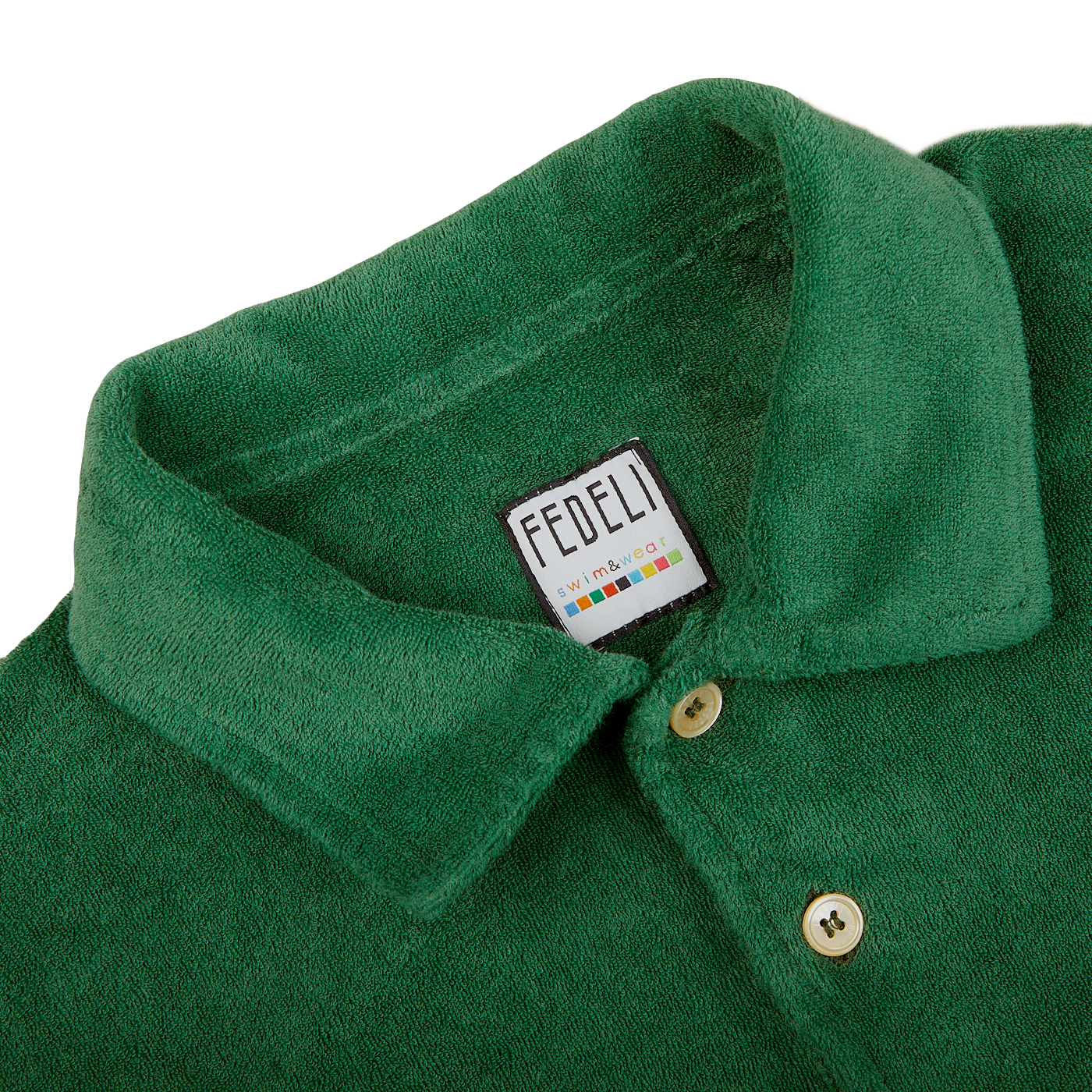 A Grass Green Cotton Towelling Polo Shirt with a Fedeli label on it.