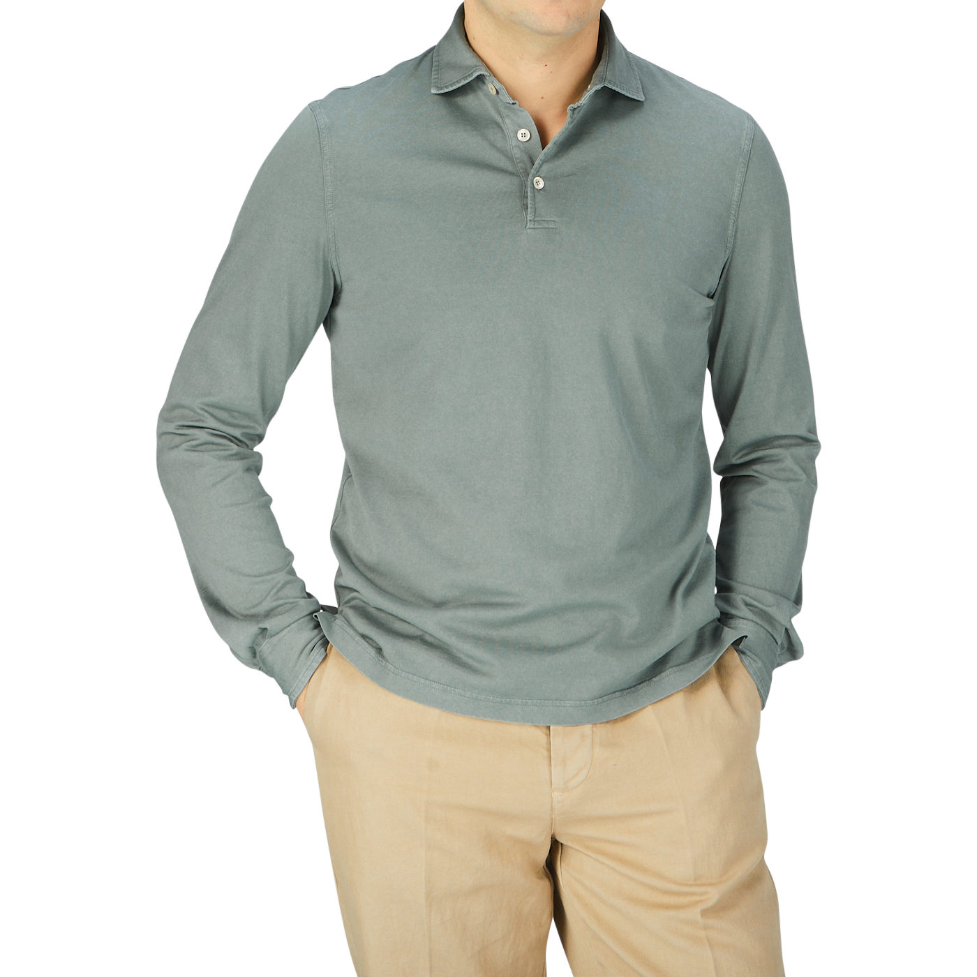 A man wearing a luxury Fedeli Olive Green Organic Cotton LS Polo Shirt and tan pants.