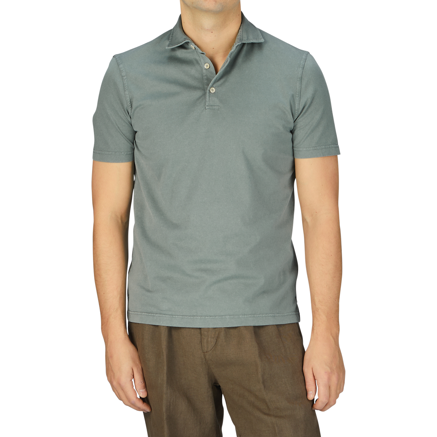 A man in a Fedeli Olive Green Organic Cotton Polo Shirt.