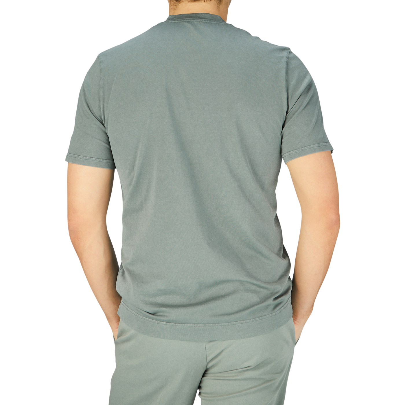 The back view of a man wearing a Fedeli Olive Green Organic Cotton T-Shirt.