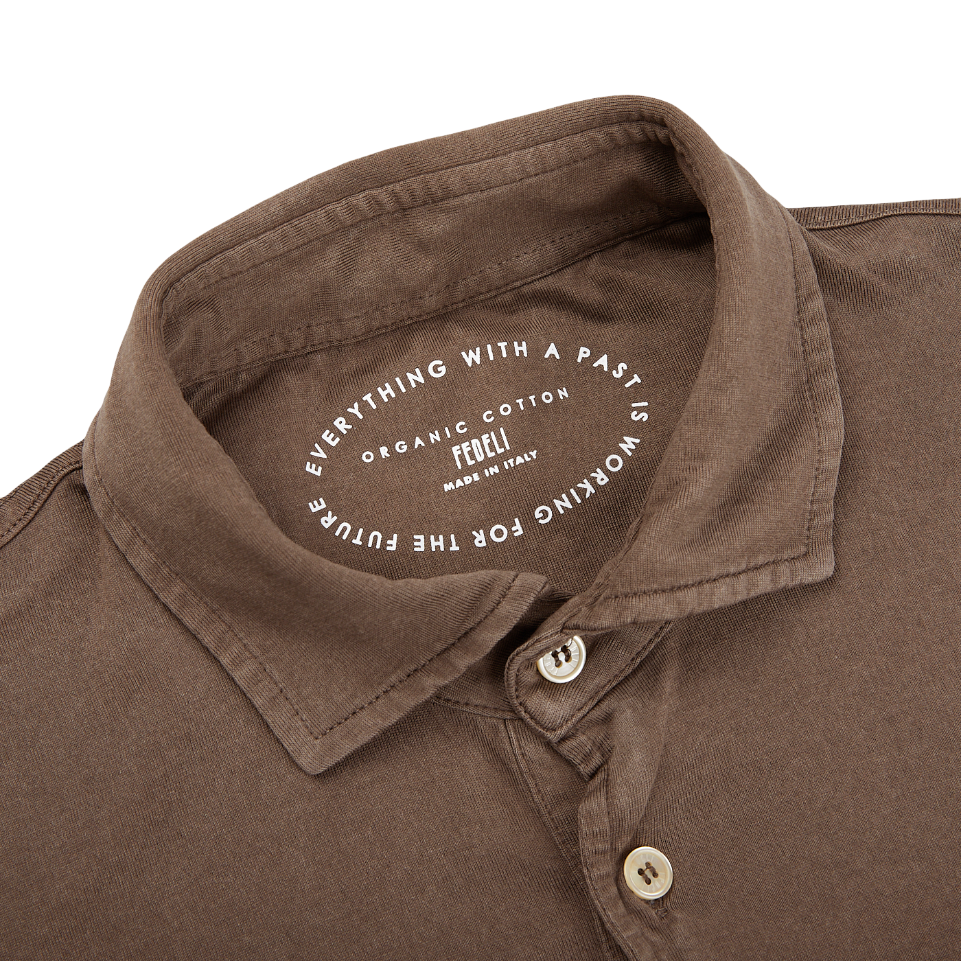 A Washed Brown Organic Cotton LS Polo Shirt by Fedeli with a label on it.