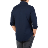 Finamore Dark Blue Cotton Flannel Casual Shirt Back