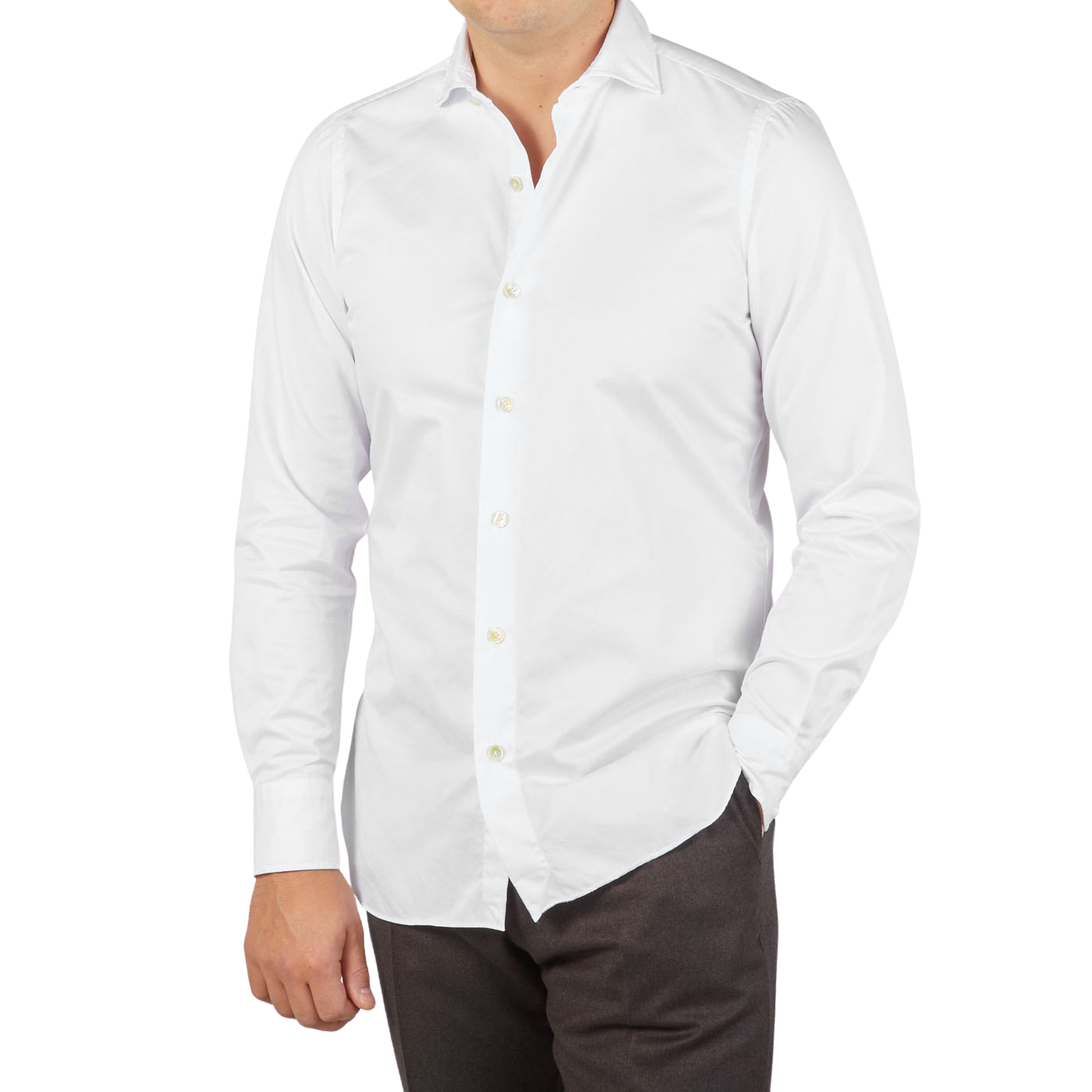 Finamore White Fine Cotton Twill Cut-Away Shirt Front