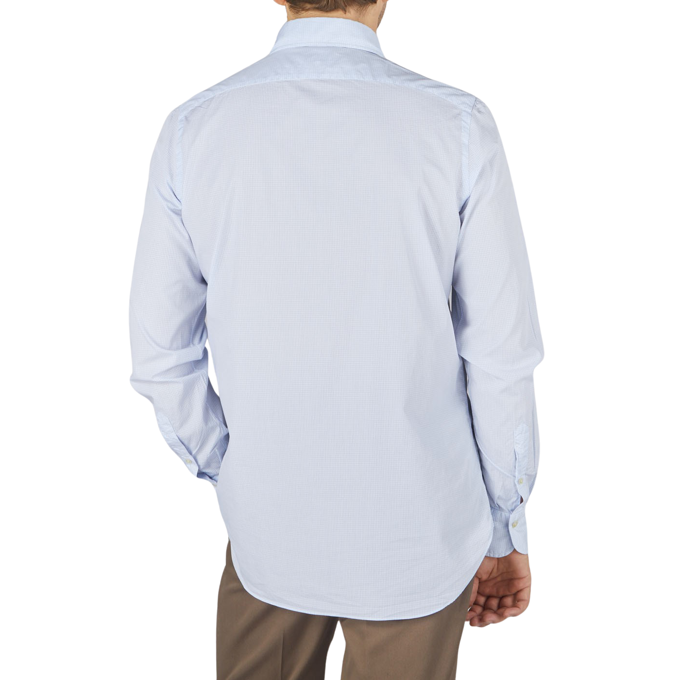 The back view of a man wearing a Finamore Light Blue Cotton Small Check BD Shirt.