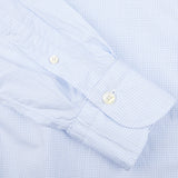 A close up of a handmade Light Blue Cotton Small Check BD shirt by Finamore.