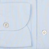 A close up of a Finamore Sky Blue Striped Cotton Seersucker Shirt.