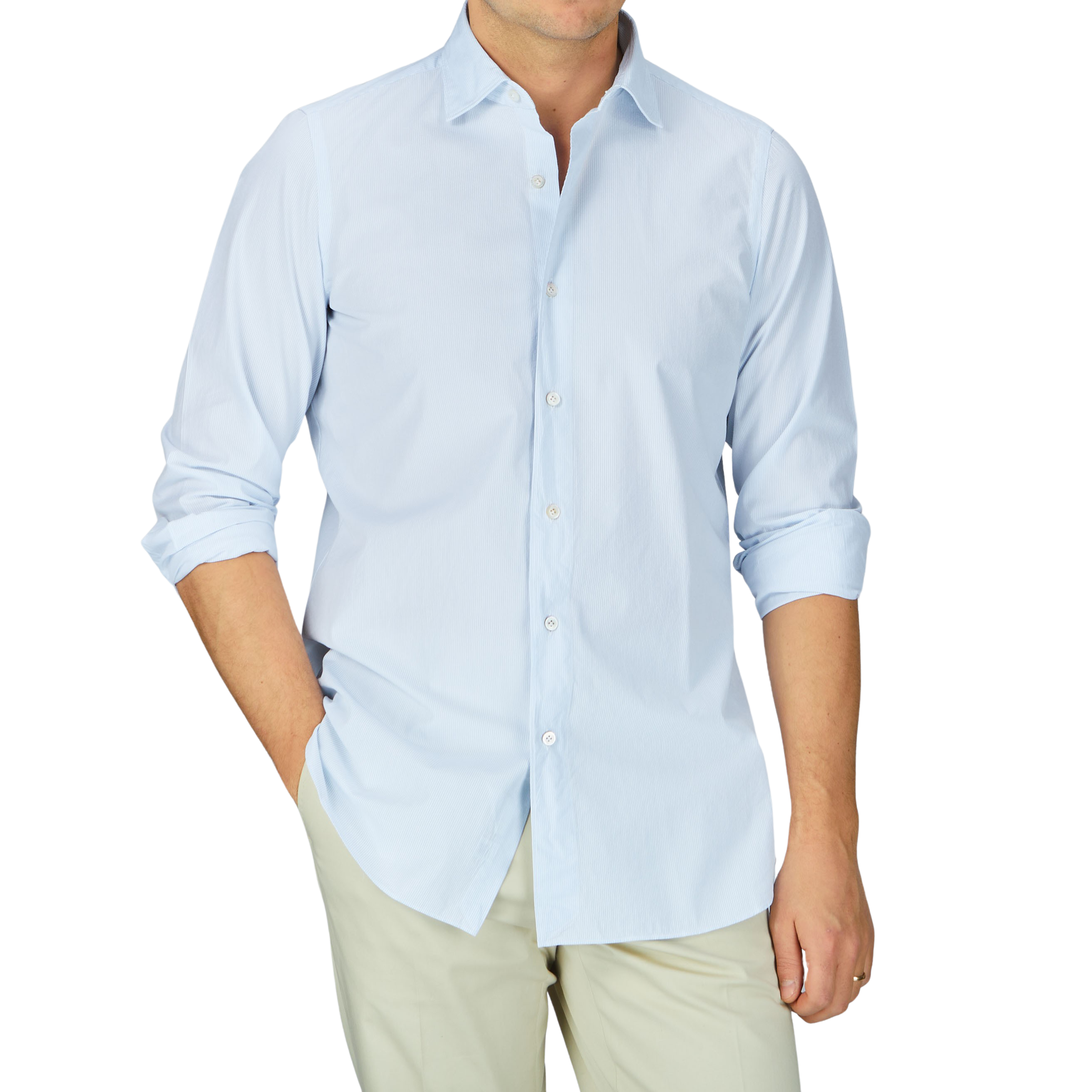A man dressed in a Sky Blue Striped Cotton Seersucker Shirt and khaki pants by Finamore.