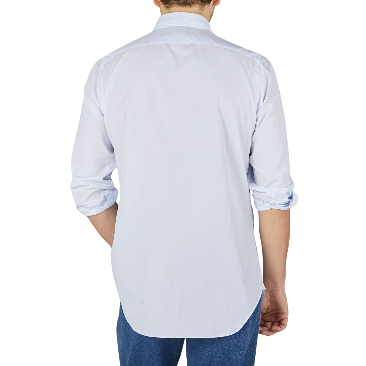 The back view of a man wearing a Finamore Washed Light Blue Striped Cotton Shirt from Naples.