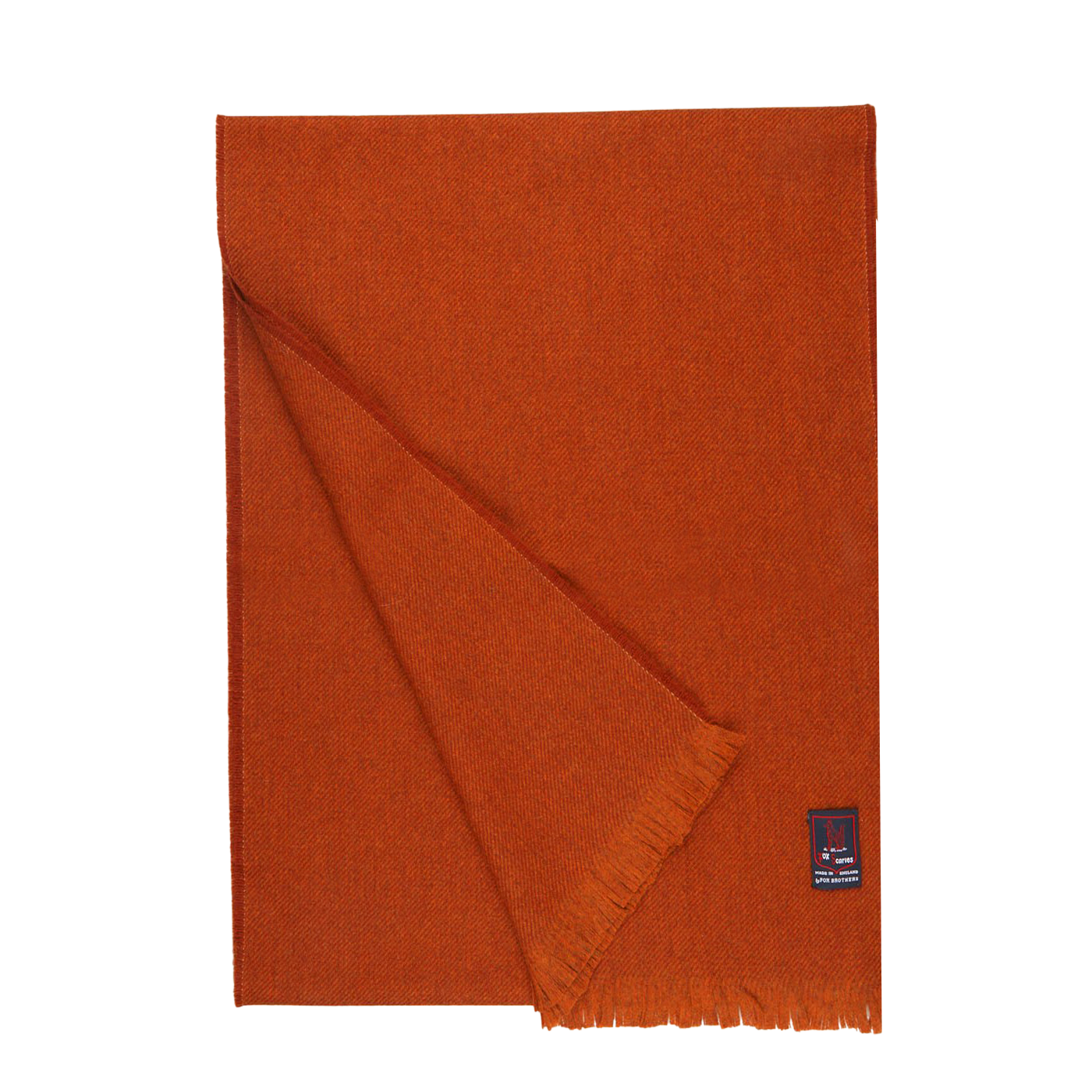 A Burnt Sienna Merino Wool Cashmere Scarf made by Fox Brothers, with fringes on a white background.