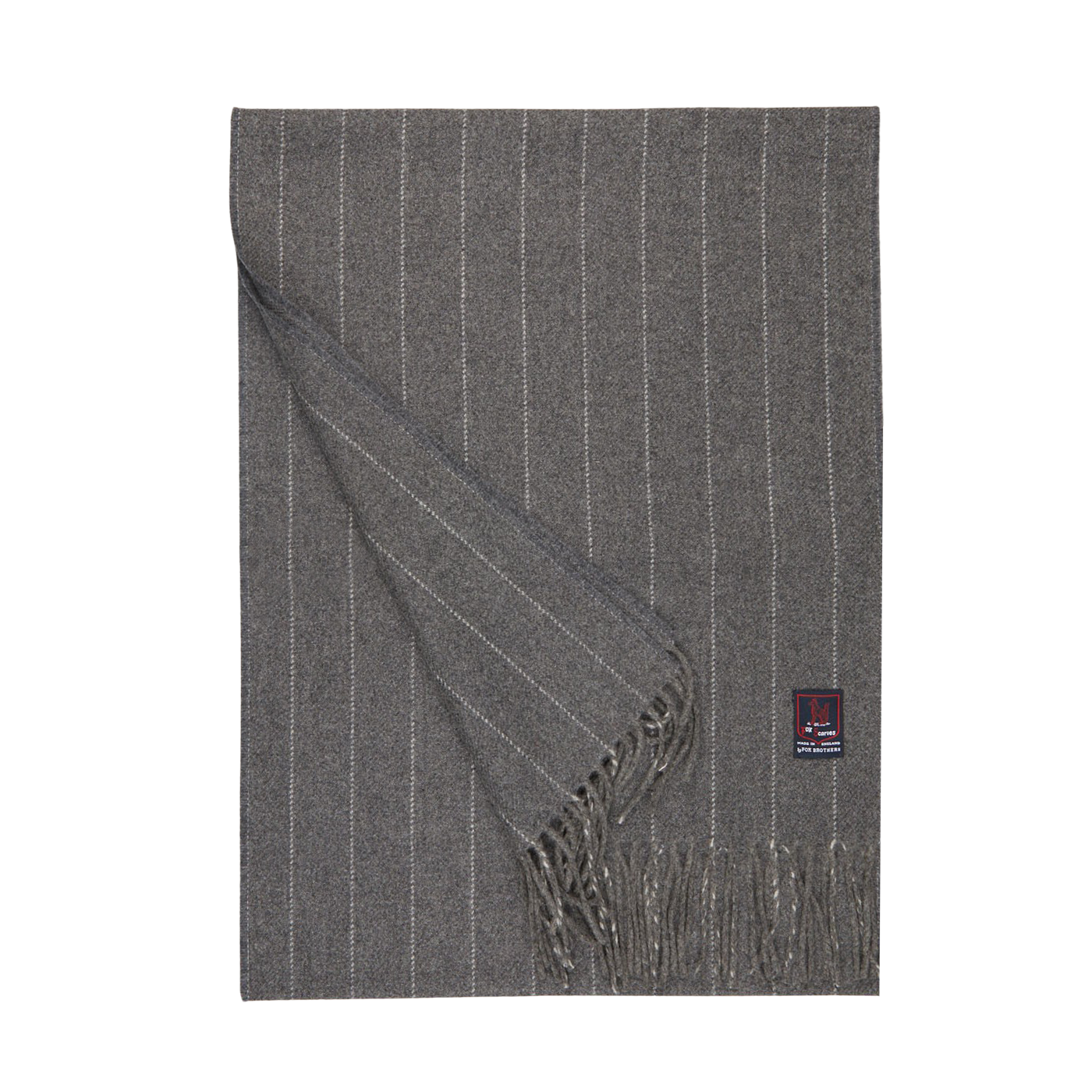 A Grey Chalkstripe Merino Wool Cashmere Scarf with fringed endings and a grey chalk stripe on a white background by Fox Brothers.