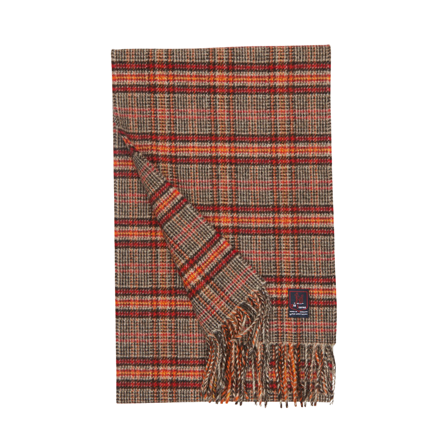 A Negroni Checked Lambswool Cashmere Scarf knitted in England by Fox Brothers, featuring fringes on a white background.