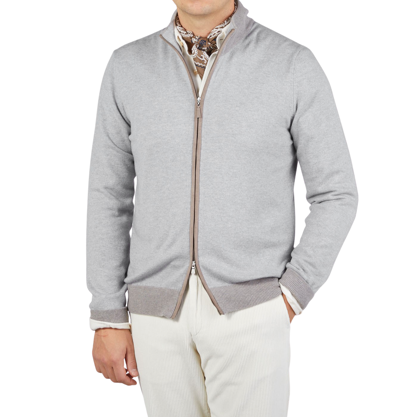 Gran Sasso Light Grey Wool Cashmere Zip Cardigan Front